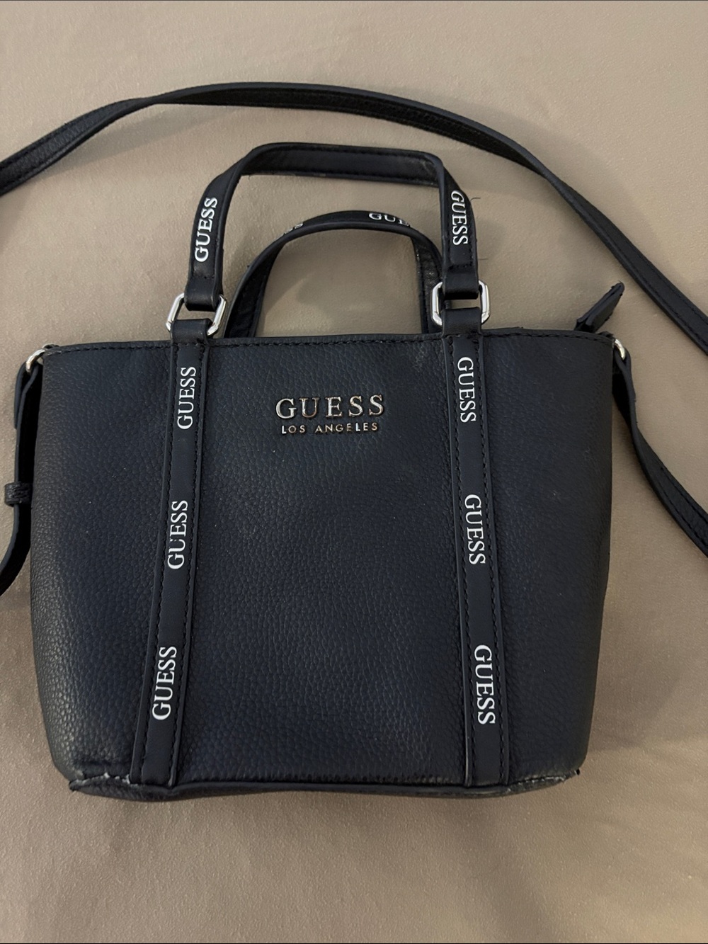 GUESS Black Mini Tote with Logo Strap Accents